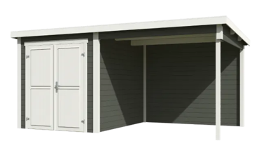 Blokhut met overkapping Finn 450x250 Green Grey-Wit - Outdoor life