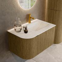 Badmeubel Mondiaz Kurve-Dlux | 75 cm cm | Meubelkleur Dusk | Wastafelkleur Ostra | Solid surface | Wasbak rechter zijde spoelbak | 1 kraangat