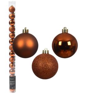 Mini kerstballen - 14x st - koper/cognac bruin - D3 cm - kunststof - kerstversiering