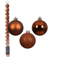 Mini kerstballen - 14x st - koper/cognac bruin - D3 cm - kunststof - kerstversiering