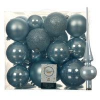 Set van 26x stuks kunststof kerstballen incl. glazen piek glans lichtblauw   - - thumbnail