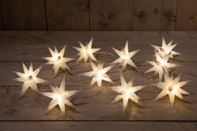 10 3D STER WIT 12CM / 10LED WARM WIT 1,5M / 5M TRANSPARANT AANLOOPSNOER / IP44 TRAFO MET TIMER - Annas collection