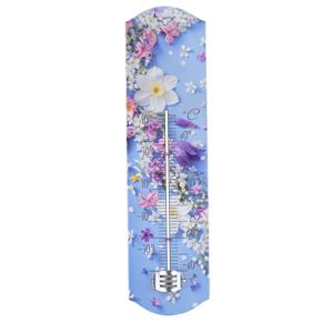 Alma Garden Binnen/buiten thermometer met lentebloemen print - blauw - metaal - 29 x 6.5 cm