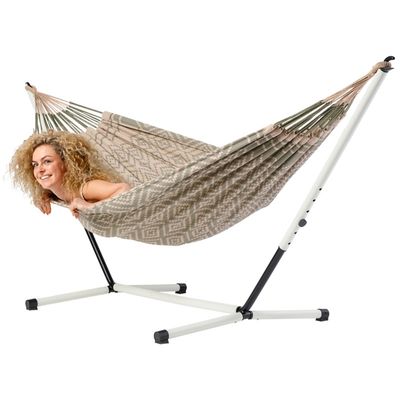 Eenpersoons hangmat met metalen standaard - 300x140cm - Grijs - 120kg draagkracht- 100% katoen - binnen & buiten