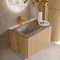 Badmeubel Mondiaz Kurve-Dlux | 75 cm | Meubelkleur Oak | Wastafelkleur Oza | Solid surface | Wasbak linker zijde spoelbak | 1 kraangat