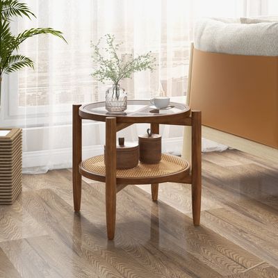 Ronde Houten Bijzettafel Eindtafel met Gehard Glazen Bovenblad Rotan PE Stijlvol Ontwerp Kleine Salontafel 56 x 56 x 46 cm