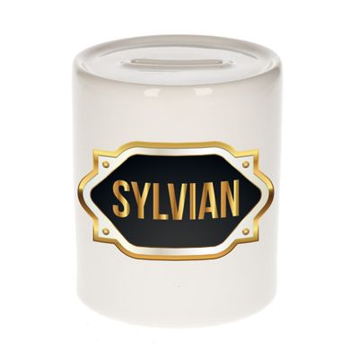 Naam cadeau spaarpot Sylvian met gouden embleem