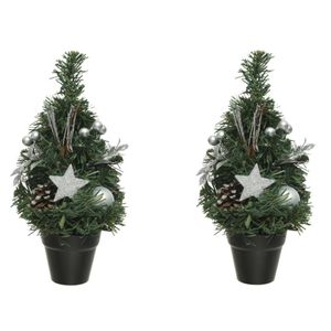 2x stuks mini kunst kerstbomen/kunstbomen met zilveren versiering 30 cm