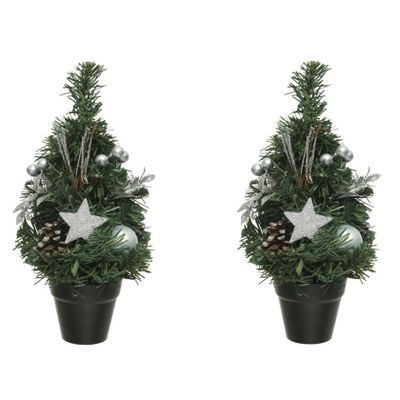 2x stuks mini kunst kerstbomen/kunstbomen met zilveren versiering 30 cm