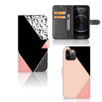 Apple iPhone 12 Pro Max Book Case Zwart Roze Vormen - thumbnail