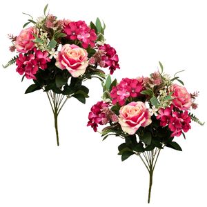 Kunstbloemen boeket rozen met bladgroen - 2x - roze - H52 cm - Bloemstuk