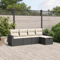 5-delige Loungeset met kussens poly rattan zwart