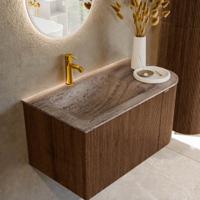 Badmeubel Mondiaz Kurve-Dlux | 85 cm | Meubelkleur Walnut | Wastafelkleur Oza | Solid surface | Wasbak linker zijde spoelbak | 1 kraangat