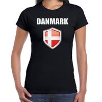 Denemarken landen supporter t-shirt met Deense vlag schild zwart dames - thumbnail