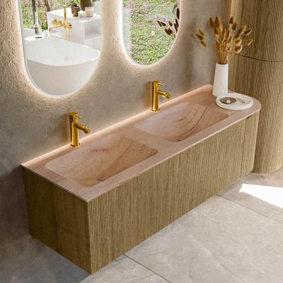 Badmeubel Mondiaz Kurve-Dlux | 145 cm | Meubelkleur Dusk | Wastafelkleur Saba | Solid surface | Dubbel / Links spoelbak | 2 kraangaten