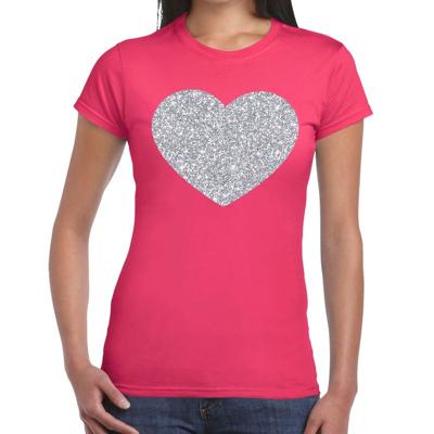 Feestkleding verkleedkleding t-shirt - met zilveren hartje - roze - voor dames - Glitter