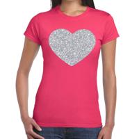 Feestkleding verkleedkleding t-shirt - met zilveren hartje - roze - voor dames - Glitter