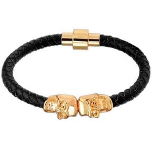 LGT Jewels Leren armband Edelstaal Twin Skull Goudkleurig Zwart