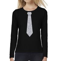 Zwart long sleeve t-shirt zwart met zilveren glitter stropdas bedrukking dames 2XL  -