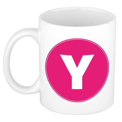 Koffie mok met de letter Y - beker - roze - eerste letter van een voornaam - wit - 300 ml