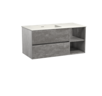 Storke Edge zwevend badmeubel 110 x 52 cm beton donkergrijs met Mata asymmetrisch linkse wastafel in mat witte solid surface