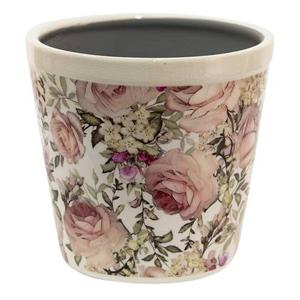 Clayre & Eef Bloempot Ø 15x14 cm Wit Roze Keramiek Rond Bloemen