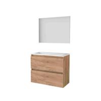 Basic-Line Basic 39 Badkamermeubelset - Ondiep - 80 x 39 cm - Greeploos - 2 Lades - Acryl Wastafel - Zonder Kraangat - Spiegel - Whisky Oak
