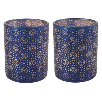 2x stuks luxe theelichthouder/kaarsenhouder - nachtblauw/goud - glas - D10 x H12 cm