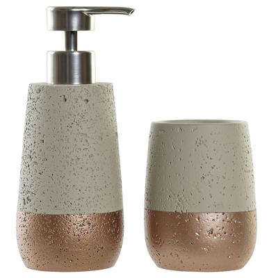 Items Badkamerset zeeppompje en beker - tandenborstelhouder - polystone - 19 cm - creme/brons