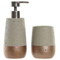 Items Badkamerset zeeppompje en beker - tandenborstelhouder - polystone - 19 cm - creme/brons