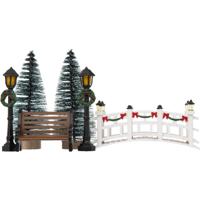 Kerstdorp accessoires - brug, boompjes, lantaarns - miniatuur figuurtjes - thumbnail