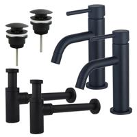 Fortifura Calvi Slim Wastafelkraanset - voor dubbele wastafel - lage wastafelkraan - klikwaste plug - design sifon - Mat zwart 2x SW377835/2x SW696199/2x SW696210