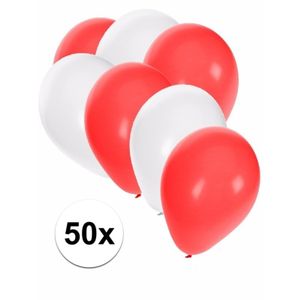 50x Ballonnen - 27 cm - wit / rode versiering