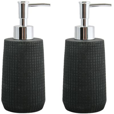Zeeppompje/zeepdispenser Squares - 2x - kunststeen - zwart - 7 x 18 cm - 275 ml