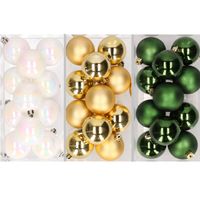 36x stuks kunststof kerstballen mix van parelmoer wit, goud en donkergroen 6 cm - thumbnail