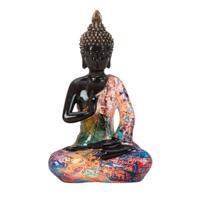 Boeddha beeld Colorfull - binnen/buiten - kunststeen - zwart/kleurenmix - 16 x 26 cm   - - thumbnail