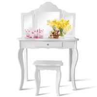 Kinderen Kaptafel Make-Up Set met 3 Inklapbare en Afneembare Spiegels Kindertafel met Kruk en Ladevoor Meisjes Wit