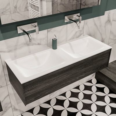 Mondiaz Lush Cloud badmeubel eiken Dark brown 120 cm 1 lade solid surface dubbele spoelbak zonder kraangat