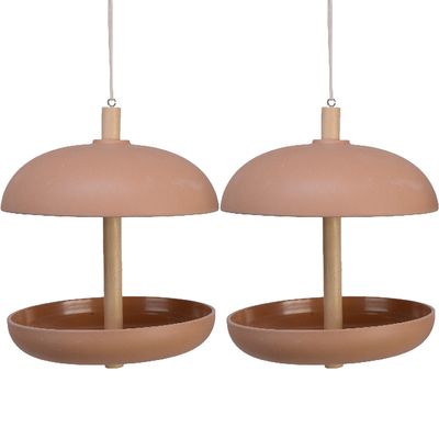 2x stuks vogel voedersilo hangend - bamboe hout - terra bruin - 21 x 25 cm