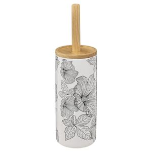 WC-/toiletborstel met houder rond wit/zwart met hibiscus bloemen patroon zandsteen/bamboe 38 cm