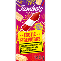 Jumbo's Witte Chocolade Exotic Fireworks Kokos, Passievrucht & Knettersuiker 140 g Jumbo's Witte Chocolade Exotic Fireworks Kokos, Passievrucht & Knettersuiker 140 g
