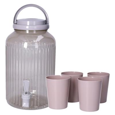 Drank dispenser/limonadetap - met tapkraantje - 3750 ml - beige - incl 4 bekers - H27 x D14 cm