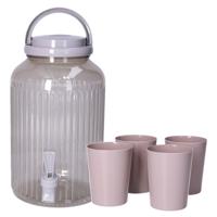 Drank dispenser/limonadetap - met tapkraantje - 3750 ml - beige - incl 4 bekers - H27 x D14 cm