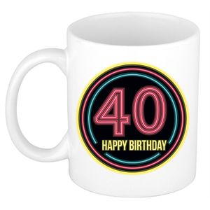 Verjaardag mok / beker - happy birthday 40 jaar - neon - 300 ml - verjaardagscadeau