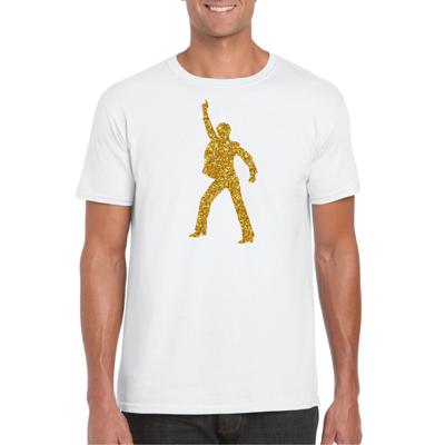 Disco verkleed t-shirt - voor heren - wit - gouden glitter - jaren 70/80 - kleding
