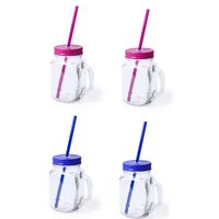 Set van 4x glazen drinkbekers dop/rietje 500 ml blauw/roze - thumbnail