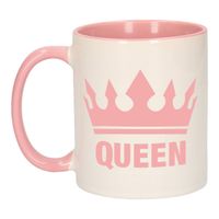 Cadeau Queen mok/ beker roze wit 300 ml - feest mokken - thumbnail