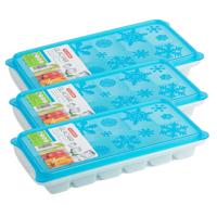 Tray met ijsblokjes - 3x stuks - ijsklontjes vormpjes - 12 vakjes - kunststof - wit met blauwe dekse