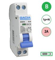 2A installatieautomaat GACIA M80N-B02 1p+n B2 6kA (18mm)