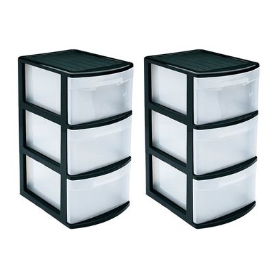 2x stuks ladeblok/bureau organizer met 3x lades zwart/transparant L39 x B28.5 x H58.5 cm
